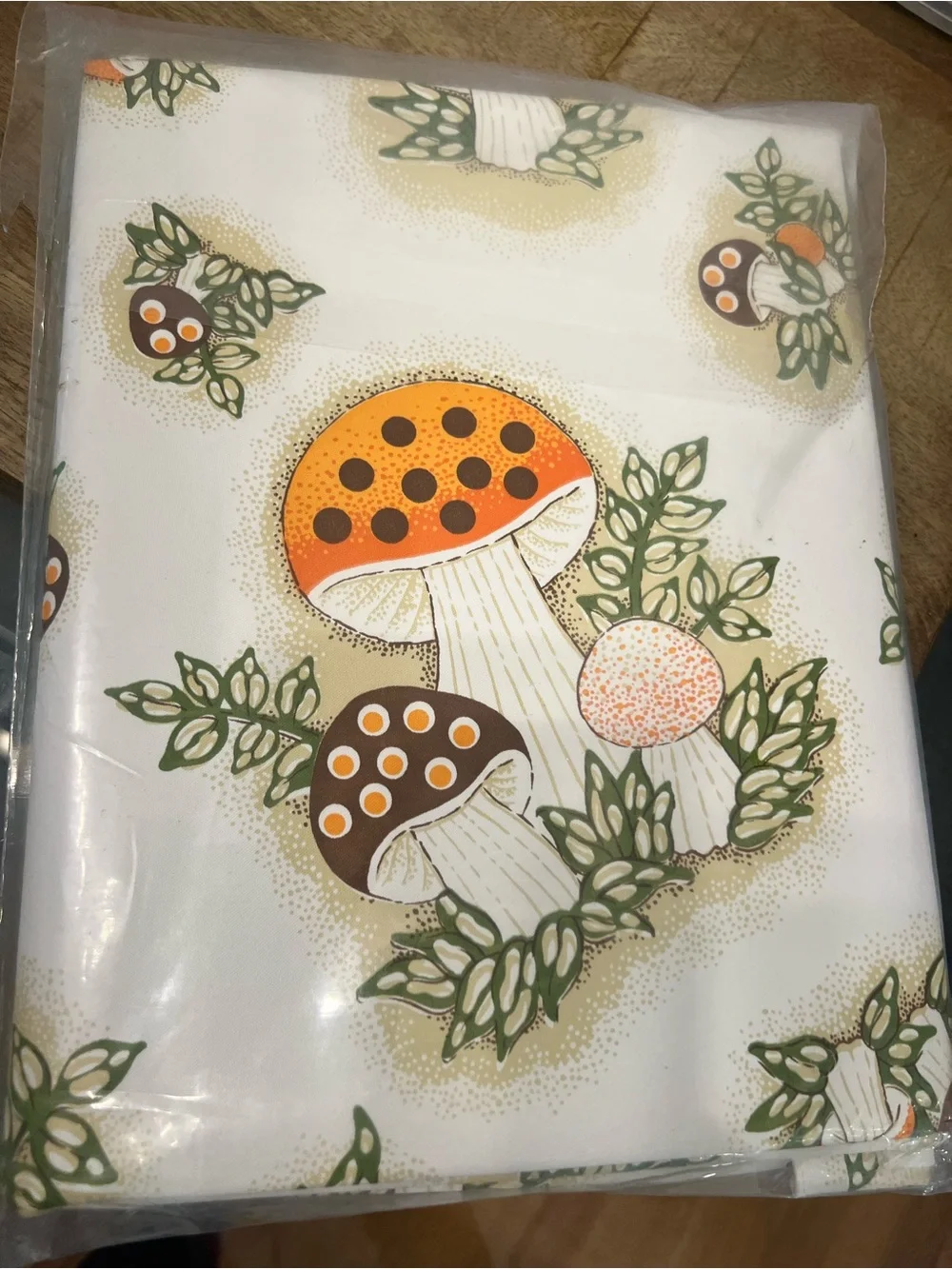 Vintage sears Merry Mushroom Tablecloth - White with Orange & Brown Mushrooms